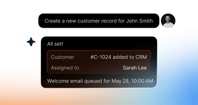 Conversational Actions chat interface mockup showing customer record creation